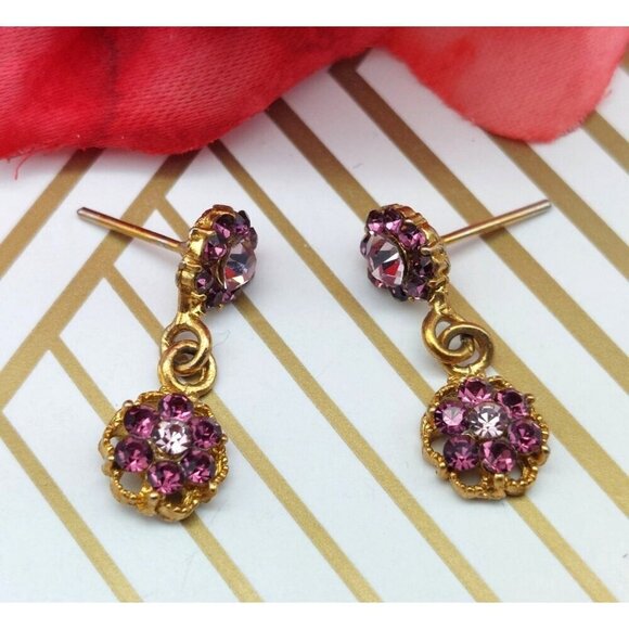 Tiny Minimalist Gold Tone & Purple Crystal Drop Dangle Floral Earrings Sparkle - Picture 3 of 9